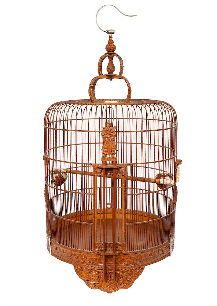 Appraisal: Signed Chinese Carved Bamboo Bird Cage Chinese carved bamboo bird