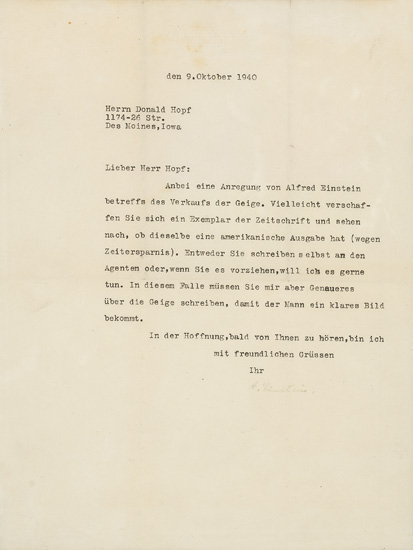 Appraisal: EINSTEIN ALBERT Typed Letter Signed A Einstein to Donald Hopf