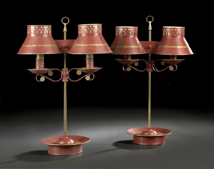 Appraisal: Pair of French Parcel-Gilt Crimson Tole-Peinte and Brass Two-Light Bouillotte