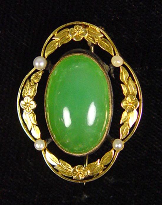 Appraisal: Ladies Gold Jade Pearl Brooch Circa Yellow gold Fair condition