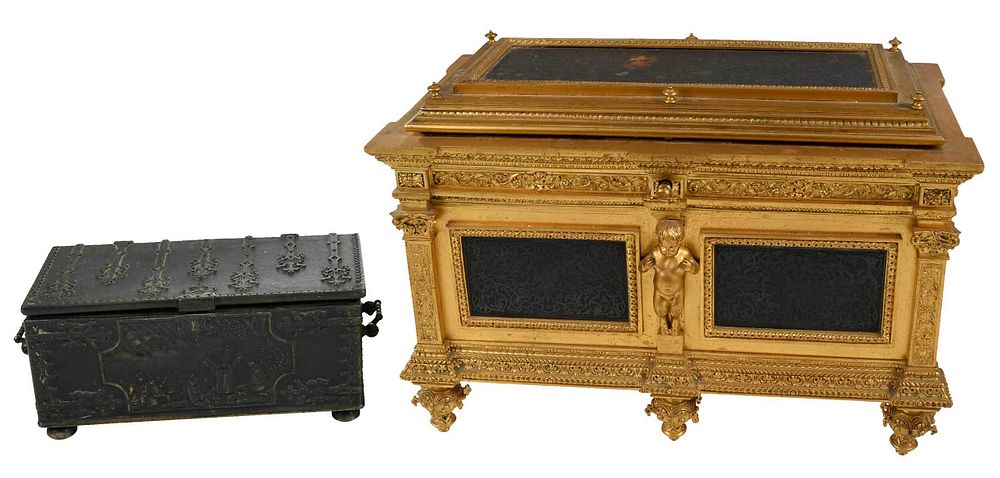 Appraisal: Two Continental Bronze Lidded Caskets th th century comprising Iron