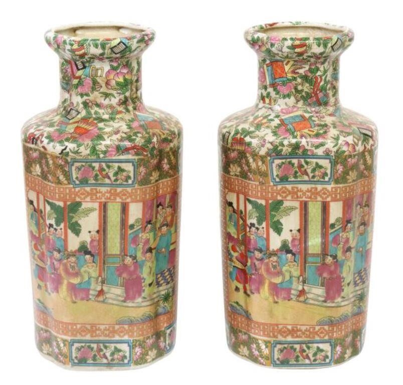 Appraisal: pair Chinese porcelain lobed vases in transfer-printed rose medallion design