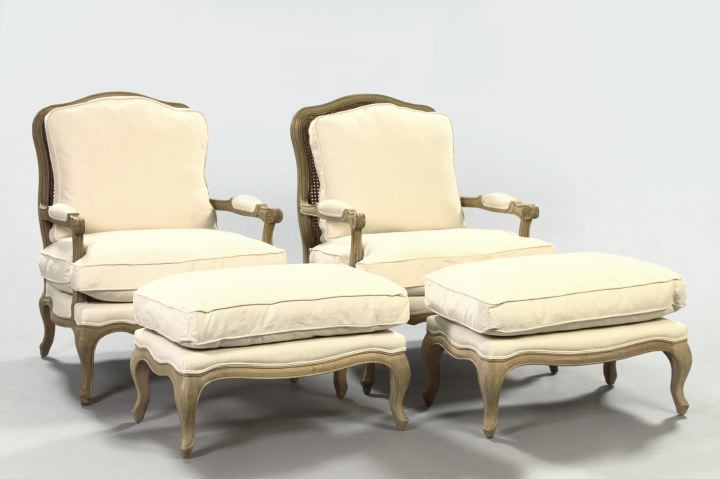 Appraisal: Pair of Louis XV-Style Beechwood Fauteuils and Ottomans each with