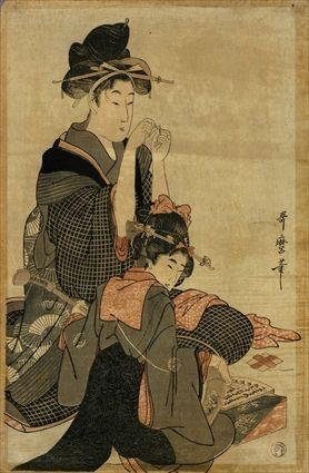 Appraisal: THREE JAPANESE WOODBLOCK PRINTS BY UTAMARA Showing geisha reading sewing