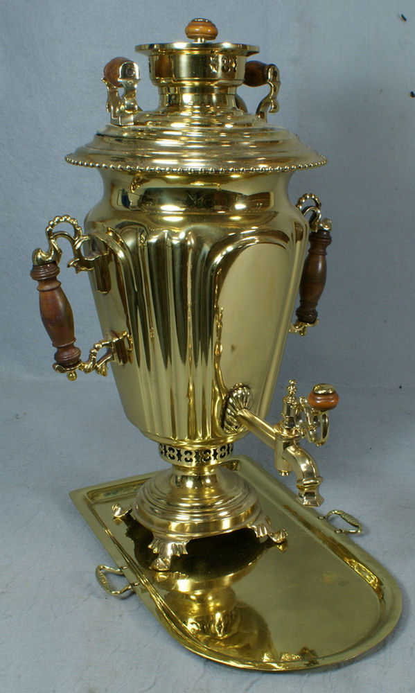 Appraisal: Russian brass samovar with undertray tall Imperial Russian stamp Cyrillic