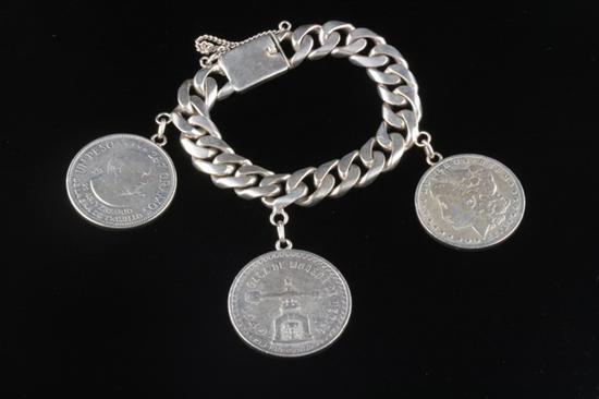 Appraisal: HEAVY STERLING FLEXIBLE LINK BRACELET Suspending US - Morgan silver