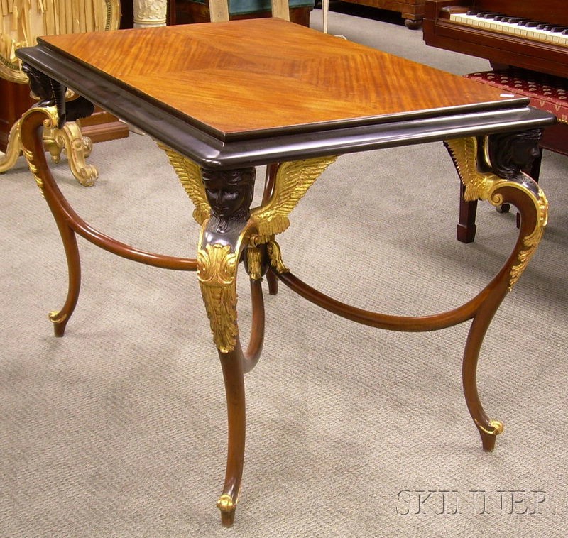 Appraisal: Neoclassical-style Parquetry-top Partial-ebonized and Gilt Carved Mahogany Center Table ht