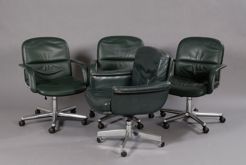 Appraisal: Set of Four Green Leather Upholstered Metal Swivel Office Armchairs