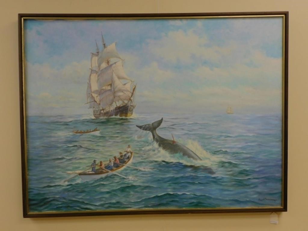 Appraisal: painting on canvas depicting a whale kill scene Signed lower