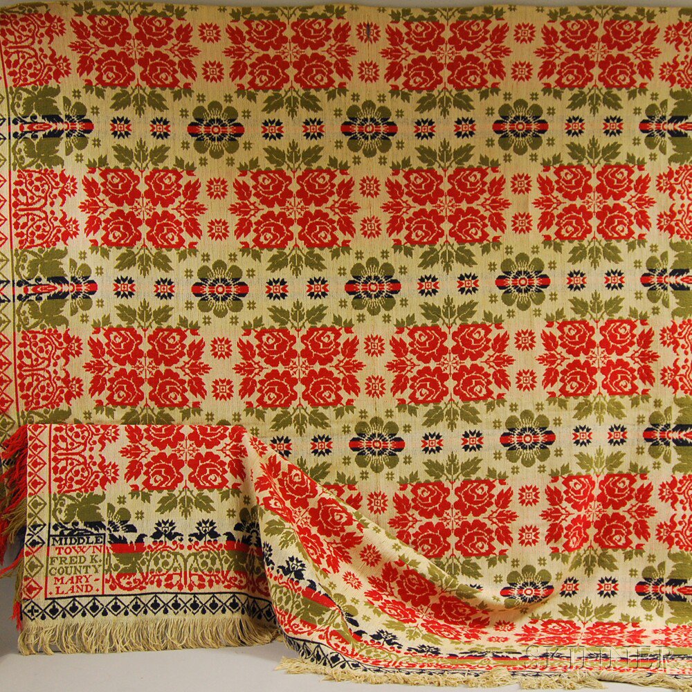 Appraisal: Hand-woven Tricolor Wool Coverlet Middletown Maryland late th century with