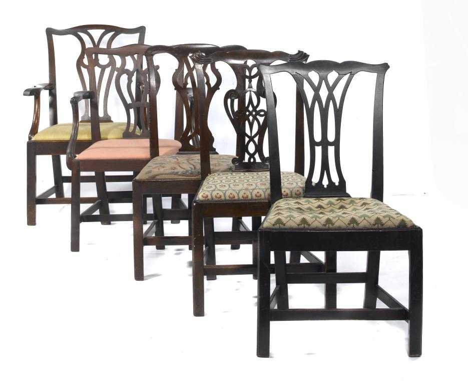 Appraisal: FIVE GEORGE III AND LATER MAHOGANY DINING CHAIRS including two