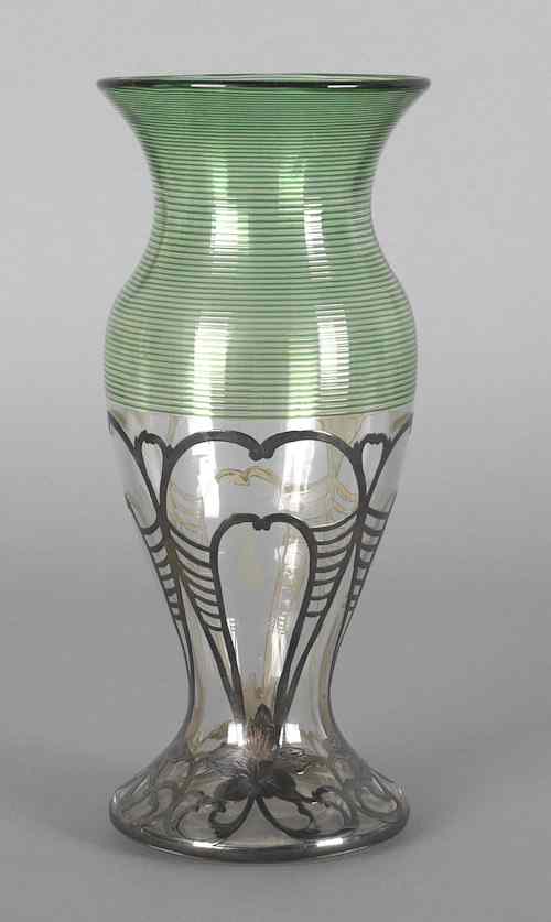 Appraisal: Silver overlay glass vase with green threading h Provenance the