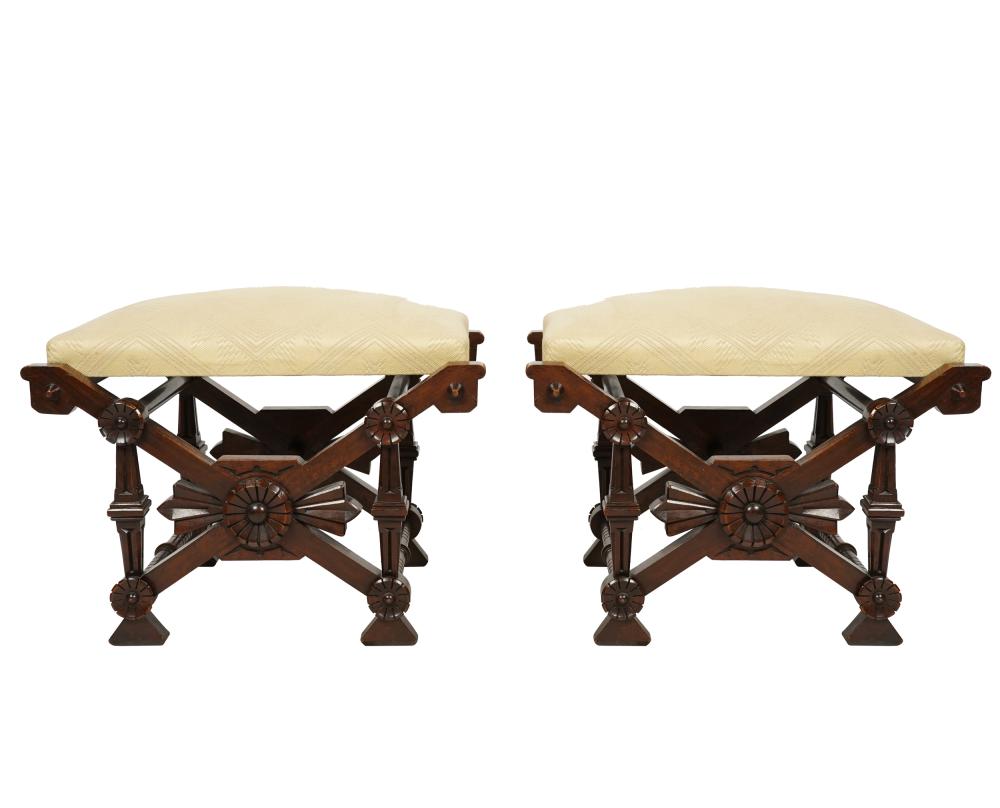 Appraisal: PAIR OF CARVED WALNUT STOOLScream-colored textured fabric Provenance from a