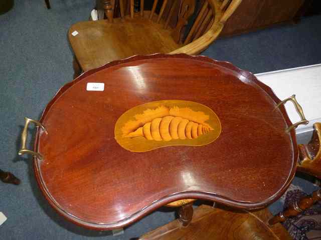 Appraisal: A MAHOGANY KIDNEY SHAPED TRAY with galleried sides brass carrying