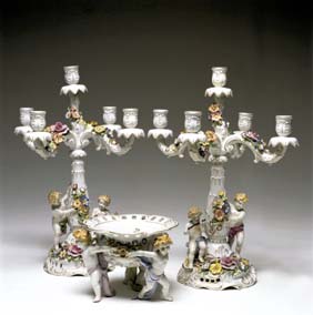 Appraisal: PAIR SCHIERHOLZ CANDELABRA AND COMPOTE Pair German Schierholz porcelain candelabra