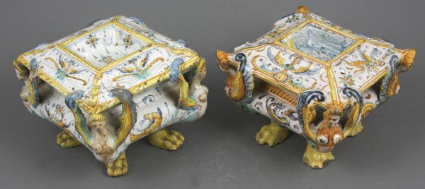 Appraisal: Pair of th Century Italian glazed handpainted faience salts h