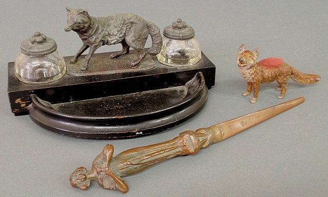 Appraisal: - Spelter metal and wood fox form inkstand h x