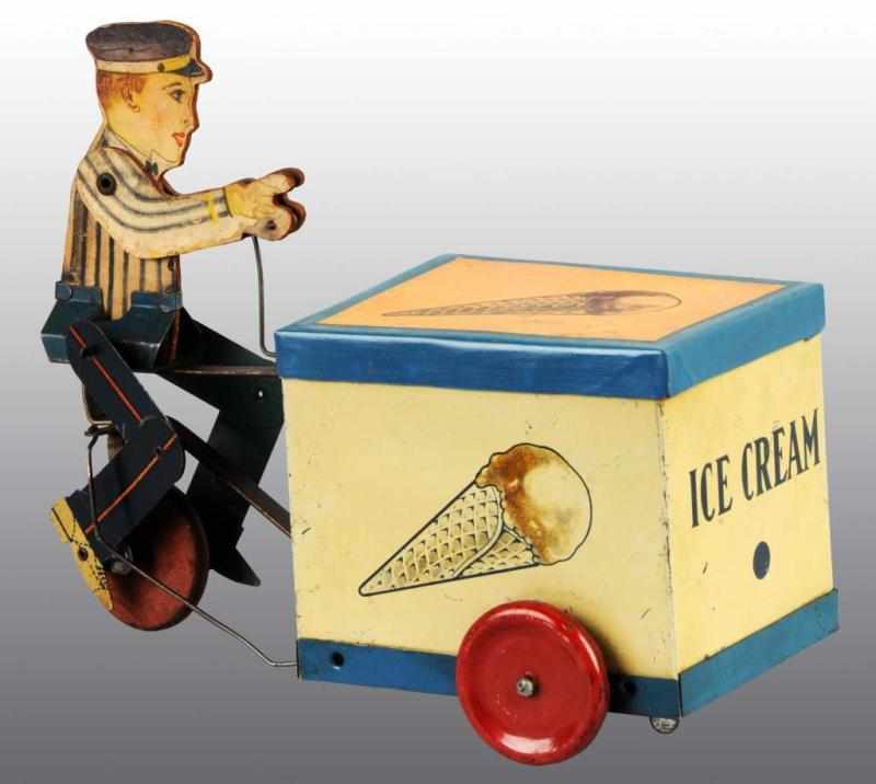 Appraisal: Tin Ice Cream Vendor Wind-Up Toy Description German Working Cart