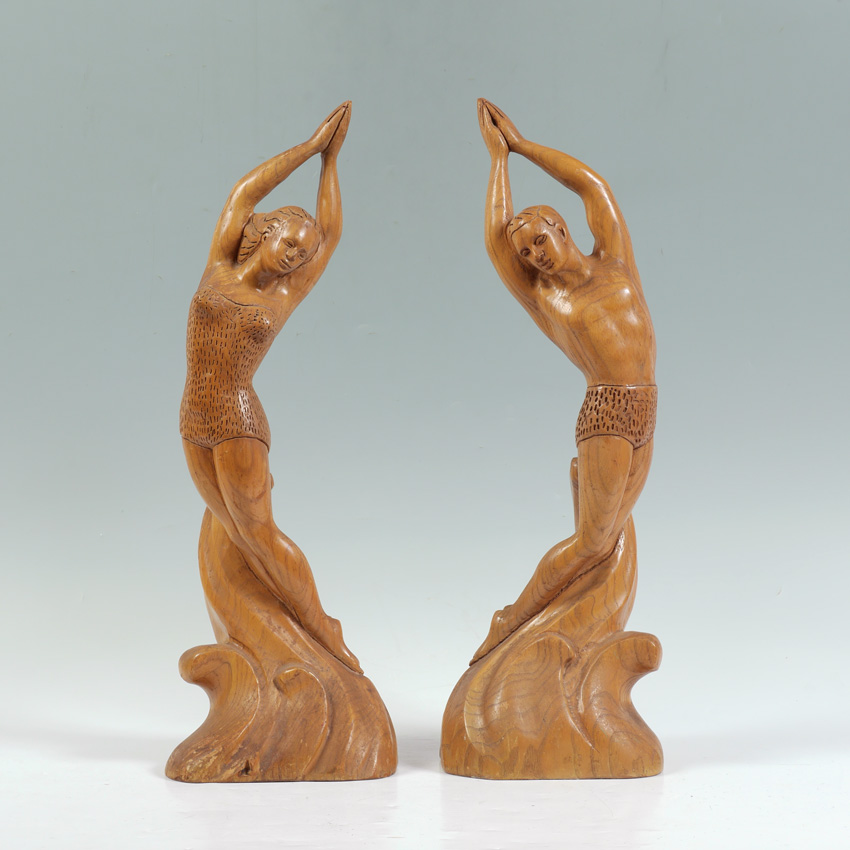 Appraisal: FIGURAL DIVER HAWAIIAN KOA WOOD LAMPS Circa 's 's figures