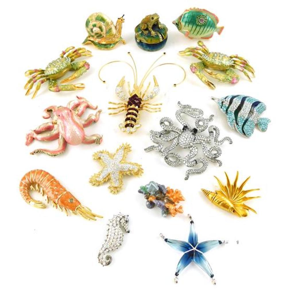 Appraisal: Fifteen enameled gilded and bejeweled sea-creature boxes and pins makers