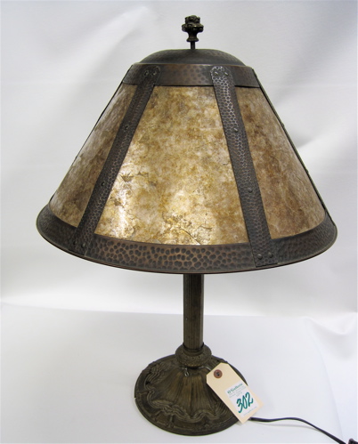 Appraisal: 's AMERICAN TABLE LAMP patinated two-light standard supports diameter mica