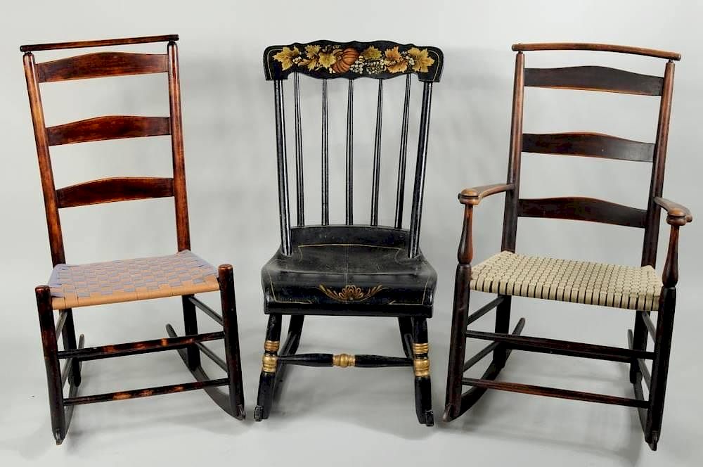 Appraisal: Shaker Style Rocking Chairs Stenciled Rocker Three rocking chairs comprising