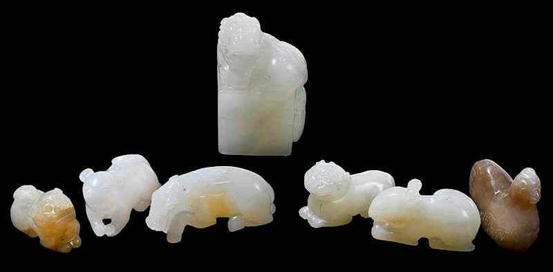 Appraisal: Seven Small Carved Jade Toggles of Animals Chinese fu dog