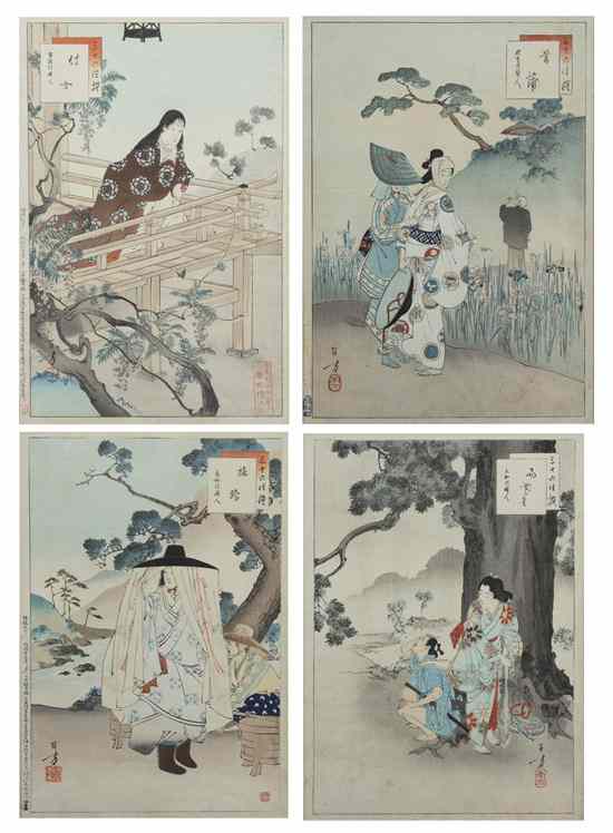 Appraisal: A Collection of Four Japanese Woodblock Prints Toshikata depicting traditional