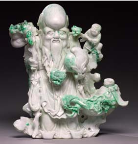 Appraisal: MASSIVE CARVED JADEITE SHOULAO Massive Chinese carved jadeite figure of