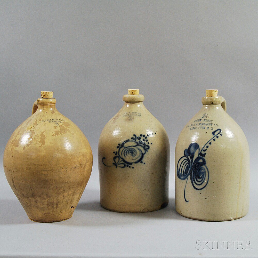 Appraisal: Three Cobalt-decorated Stoneware Jugs New England mid- th century two