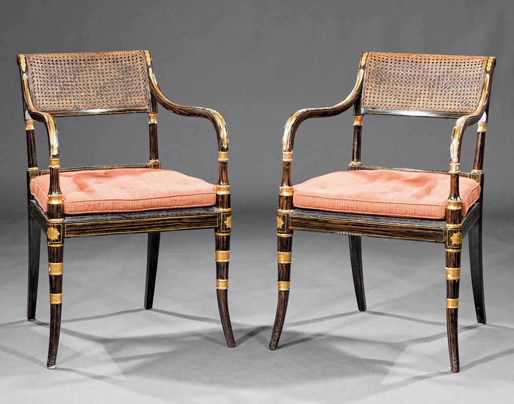 Appraisal: Fine Pair of Regency Parcel Gilt and Rosewood Grained Armchairs