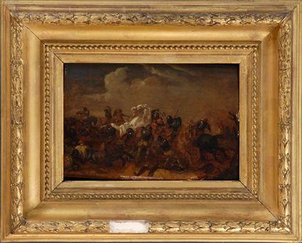 Appraisal: FRENCH SCHOOL FIERCE BATTLE Oil on panel x in