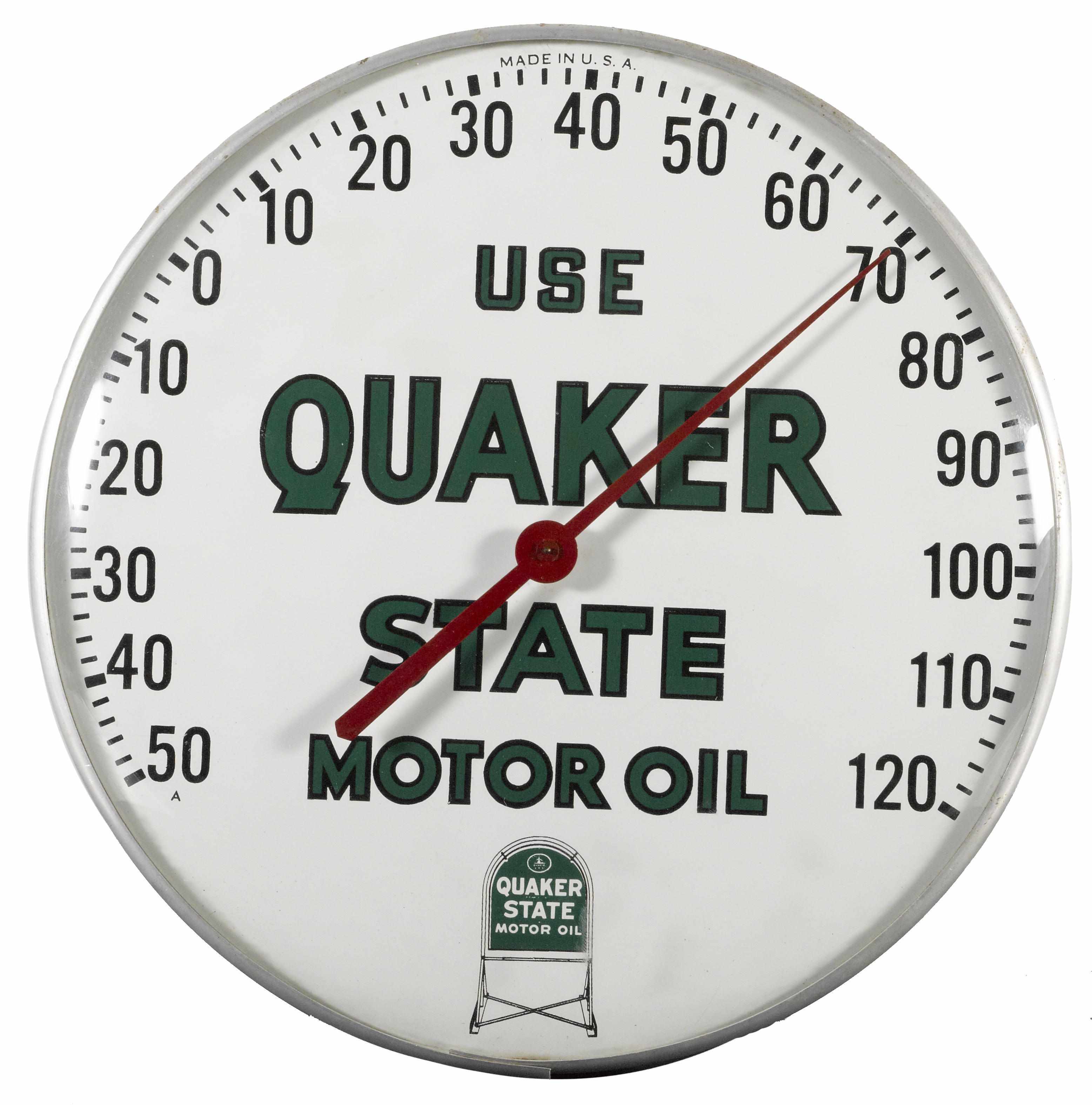 Appraisal: A Quaker State Motor Oil thermometer circa s green and