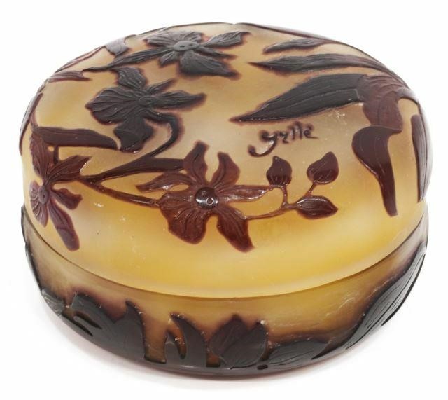 Appraisal: French cameo glass covered box Emile Galle Nancy France -