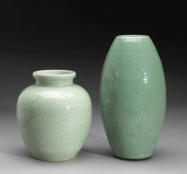 Appraisal: Two celadon glazed porcelain vases th Century The first potted