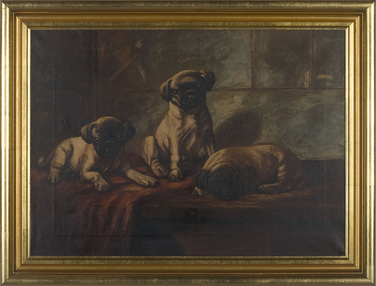 Appraisal: THREE PUGS ON A TABLE TOP AMERICAN SCHOOL NINETEENTH CENTURY