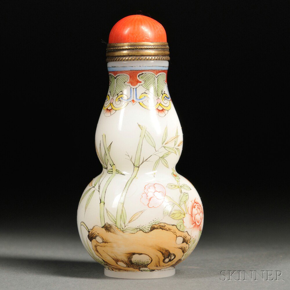 Appraisal: Enameled Glass Snuff Bottle China th century double gourd shape