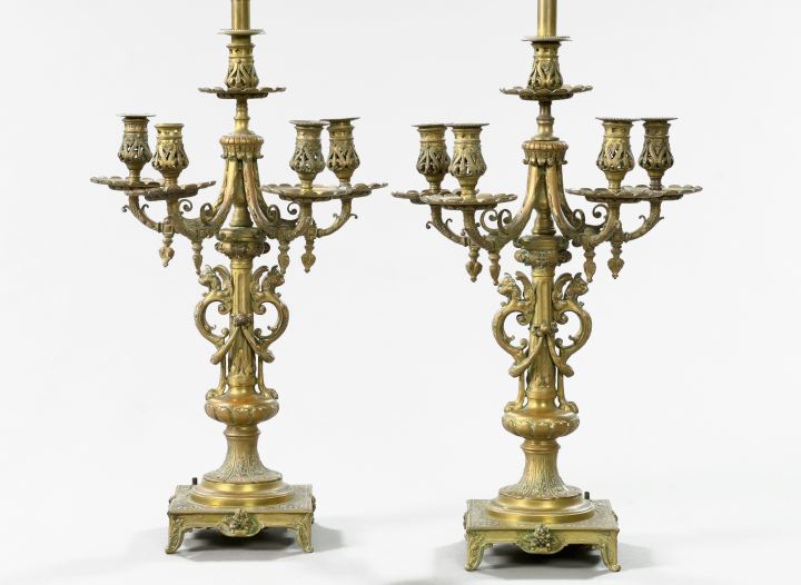 Appraisal: Tall Pair of French Patinated Brass Five-Light Flat-Back Candelabra fourth