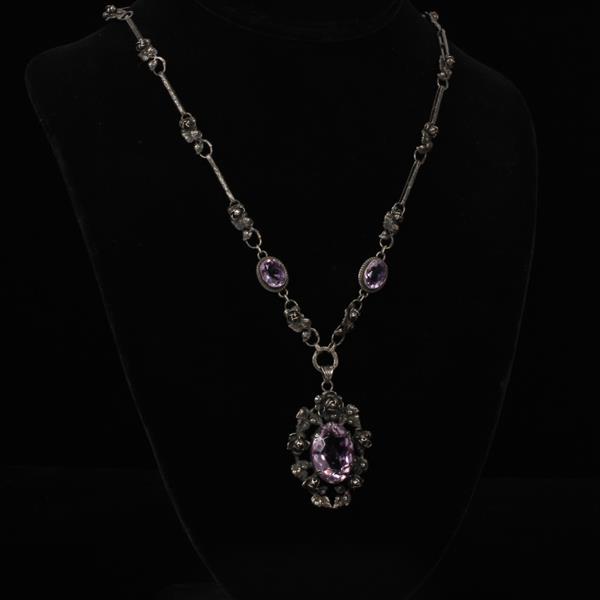 Appraisal: Antique Victorian Edwardian German Sterling Amethyst floral pendant necklace with