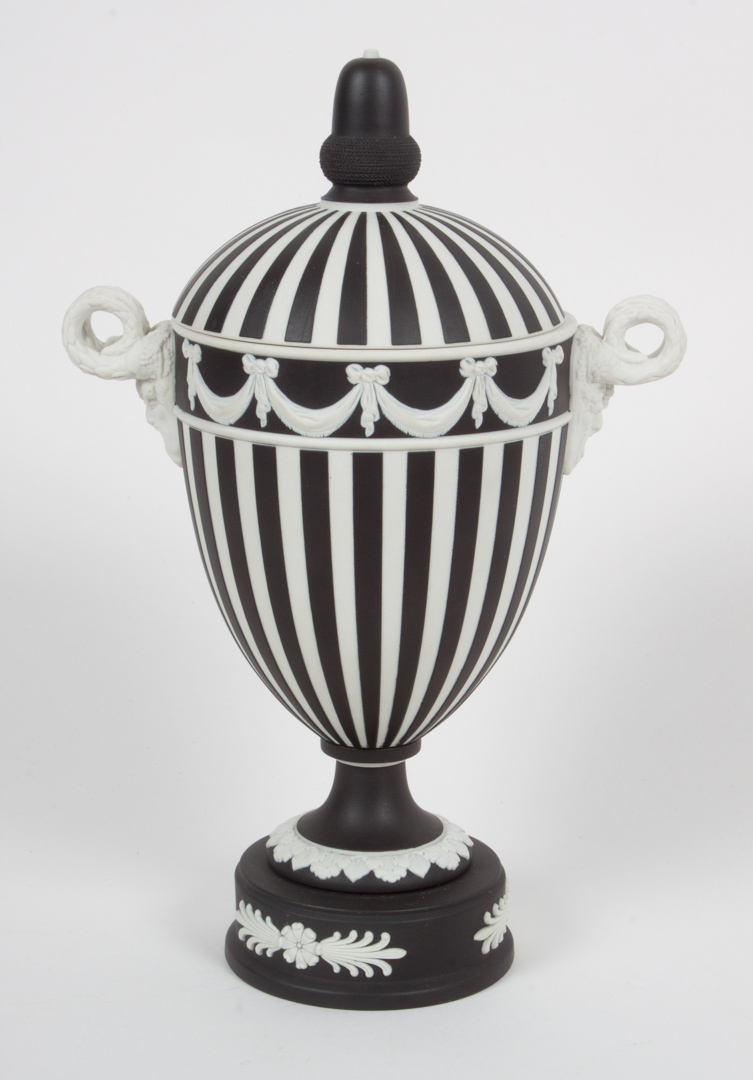 Appraisal: Wedgwood black and white jasperware urn dated classical style black