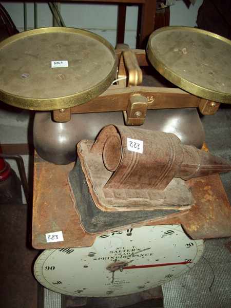 Appraisal: TWO CAST IRON SCALES AND CERAMIC BOWL AND METAL BOWL