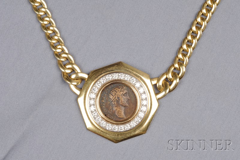 Appraisal: kt Gold Diamond and Ancient Coin Pendant Necklace Italy the