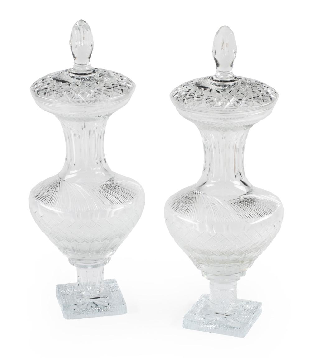 Appraisal: Pair of Baccarat-Style Cut Crystal Covered Urns diamond and twist