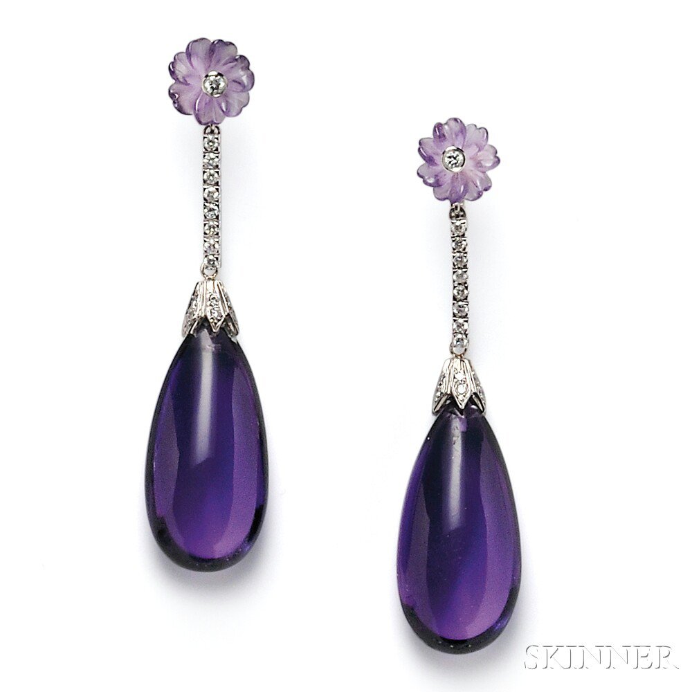 Appraisal: Amethyst and Diamond Earpendants each large amethyst drop suspended from