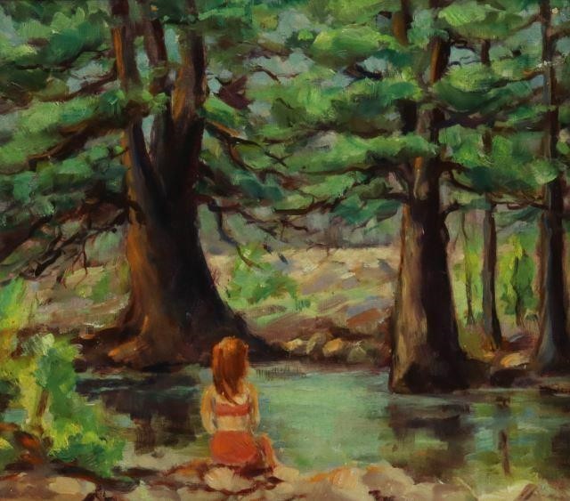 Appraisal: Framed oil on canvas board painting Girl at Creek signed