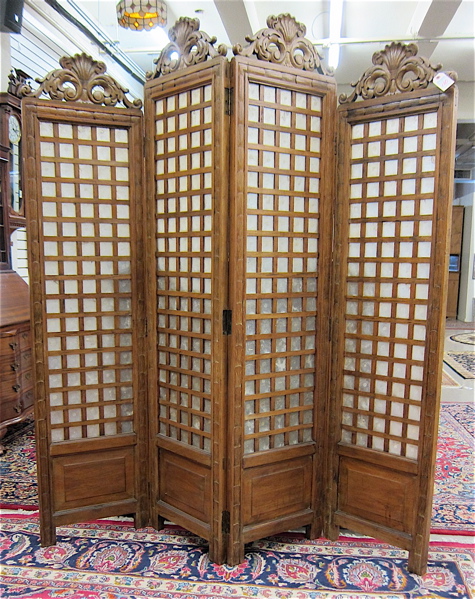 Appraisal: CARVED TEAKWOOD AND WINDOWPANE OYSTER CAPIZ SHELL FLOOR SCREEN Southeast