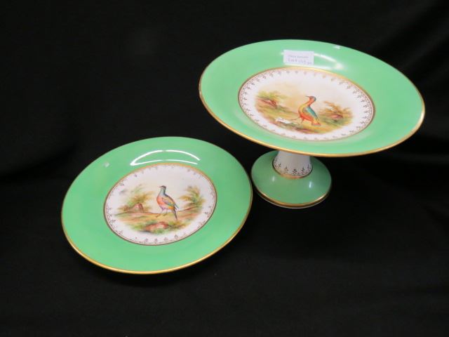 Appraisal: English Porcelain Compote and Plate handpainted birds th century compote