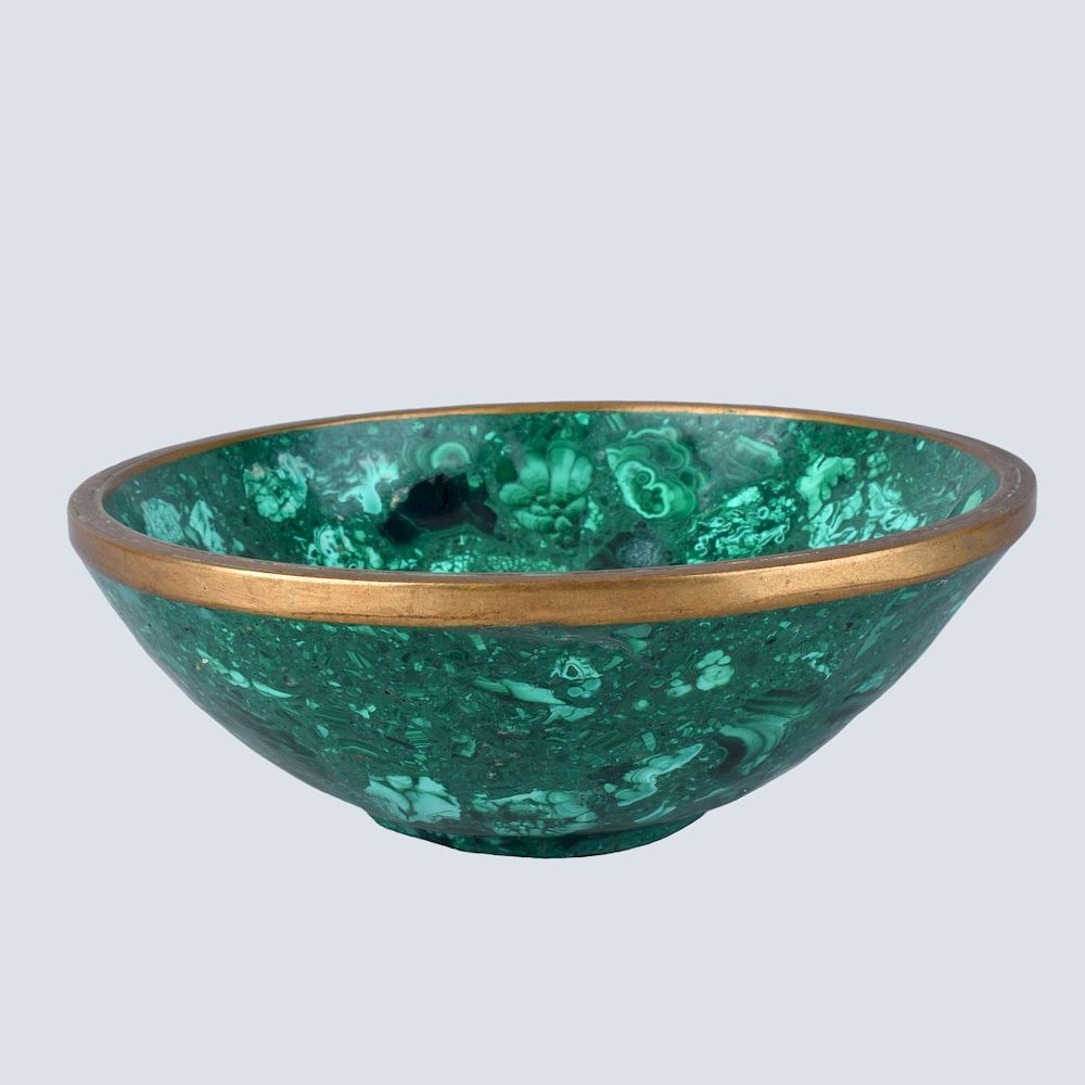 Appraisal: Malachite Bowl Mid Century Malachite Bowl with Brass Fitting Measures