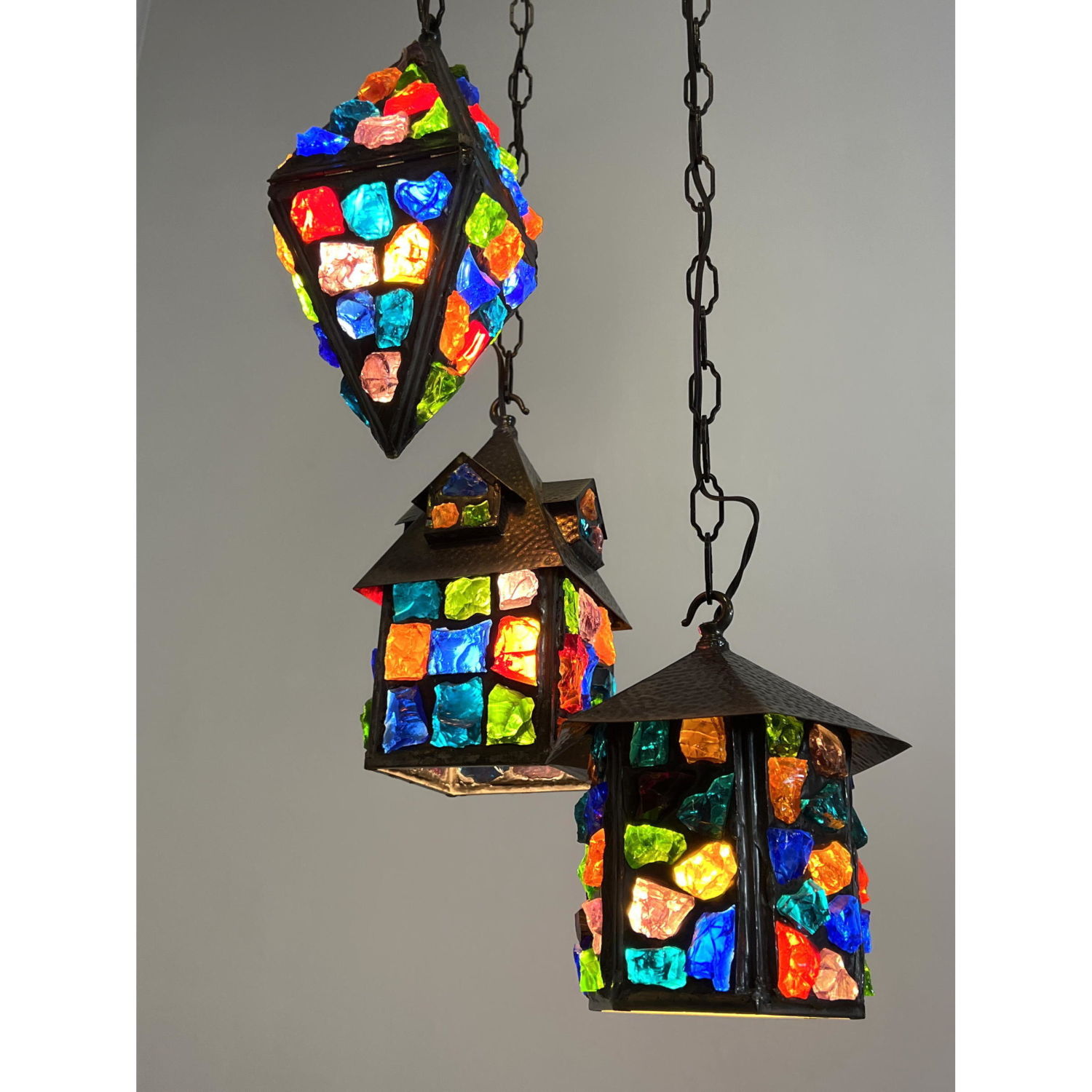 Appraisal: Chandelier with Three Hanging Stained Glass Pendant Shades Ceiling mount