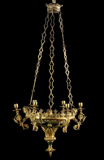 Appraisal: French Gilt-Brass-Mounted Green Tole-Peinte Six-Light Chandelier of coupe form in